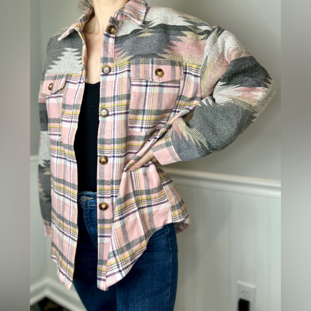 Plaid flannel Aztec print shacket